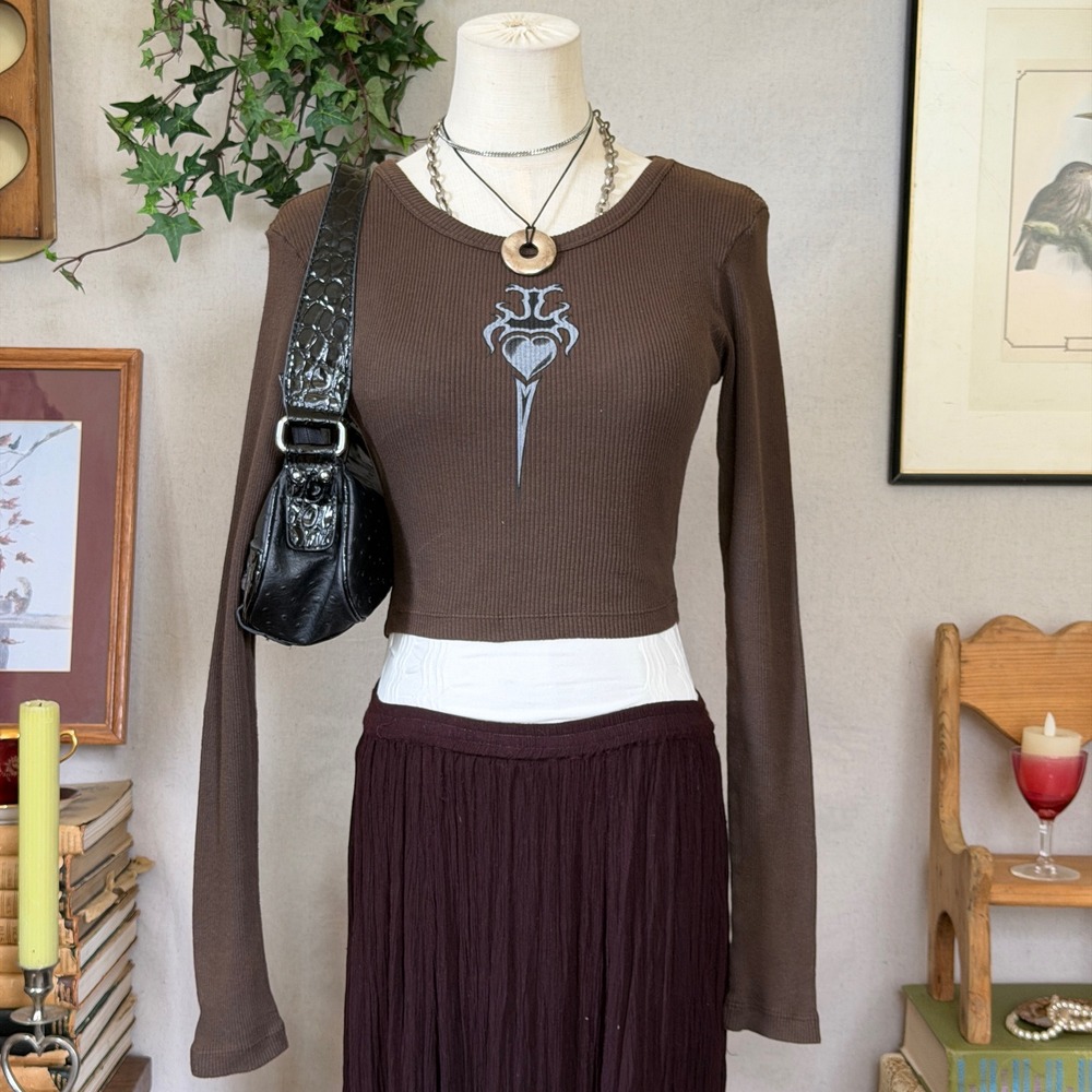 Brown Tribal Heart Graphic Crop Top Hard Tail Y2K Vintage OS Skinny Fitted 90s